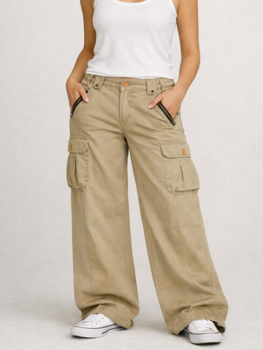 Vintage DKNY Jeans Wide Leg Cargo Pants Khaki Y2K Utility Skater, Size 8